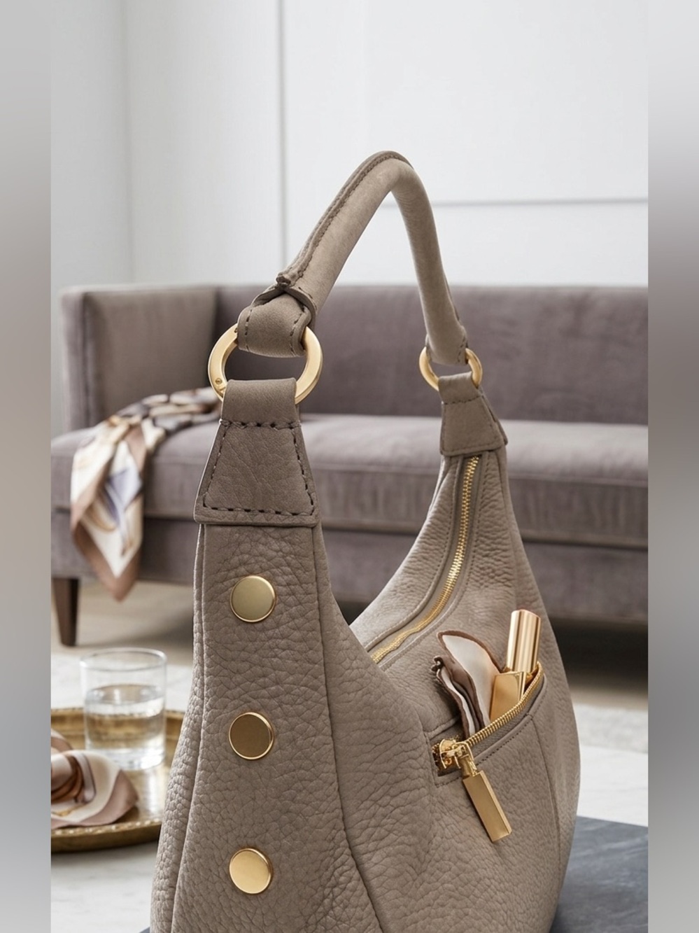 Hammett medium Becker handbag Pebbled Leather Hobo Bag with brushed gold - Picture 2 of 9